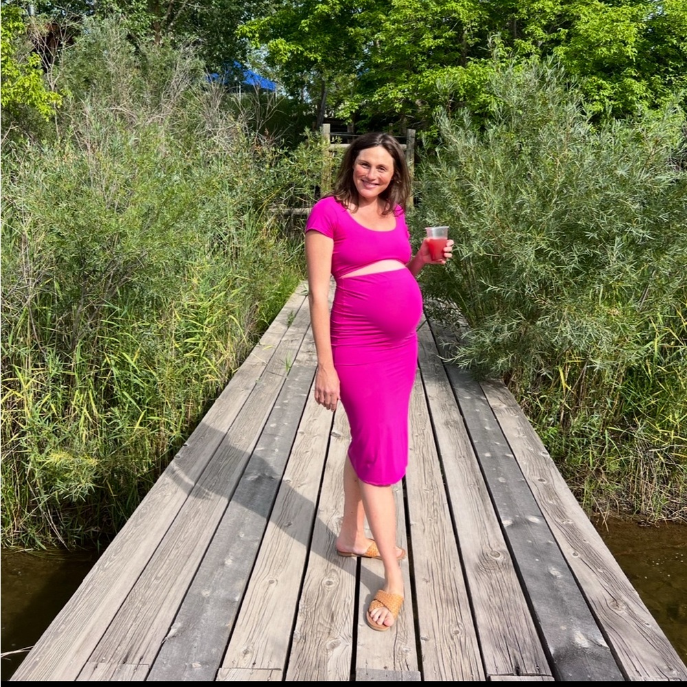 Hatch Bright Pink Maternity crop top and Midi Skirt